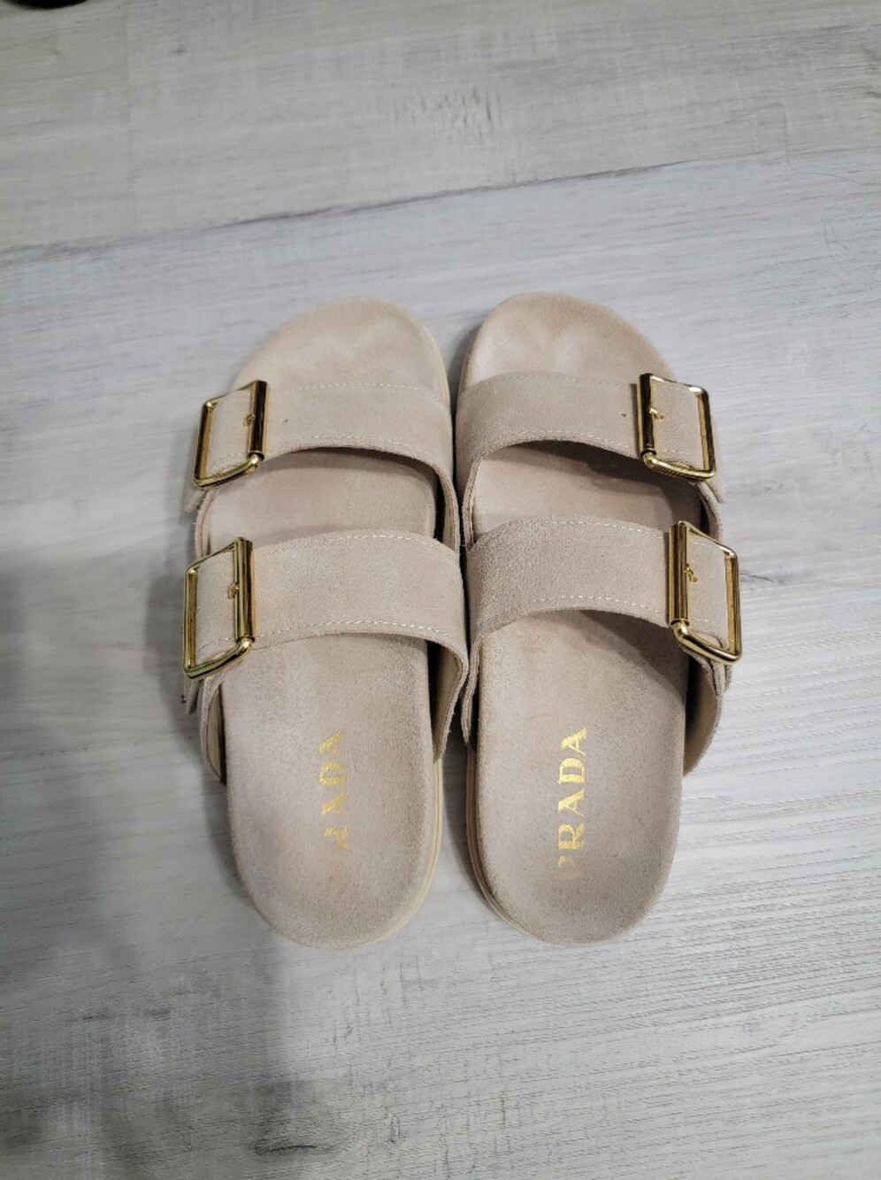 Prada Women's Beige Suede Double-Buckle Slide Sandals